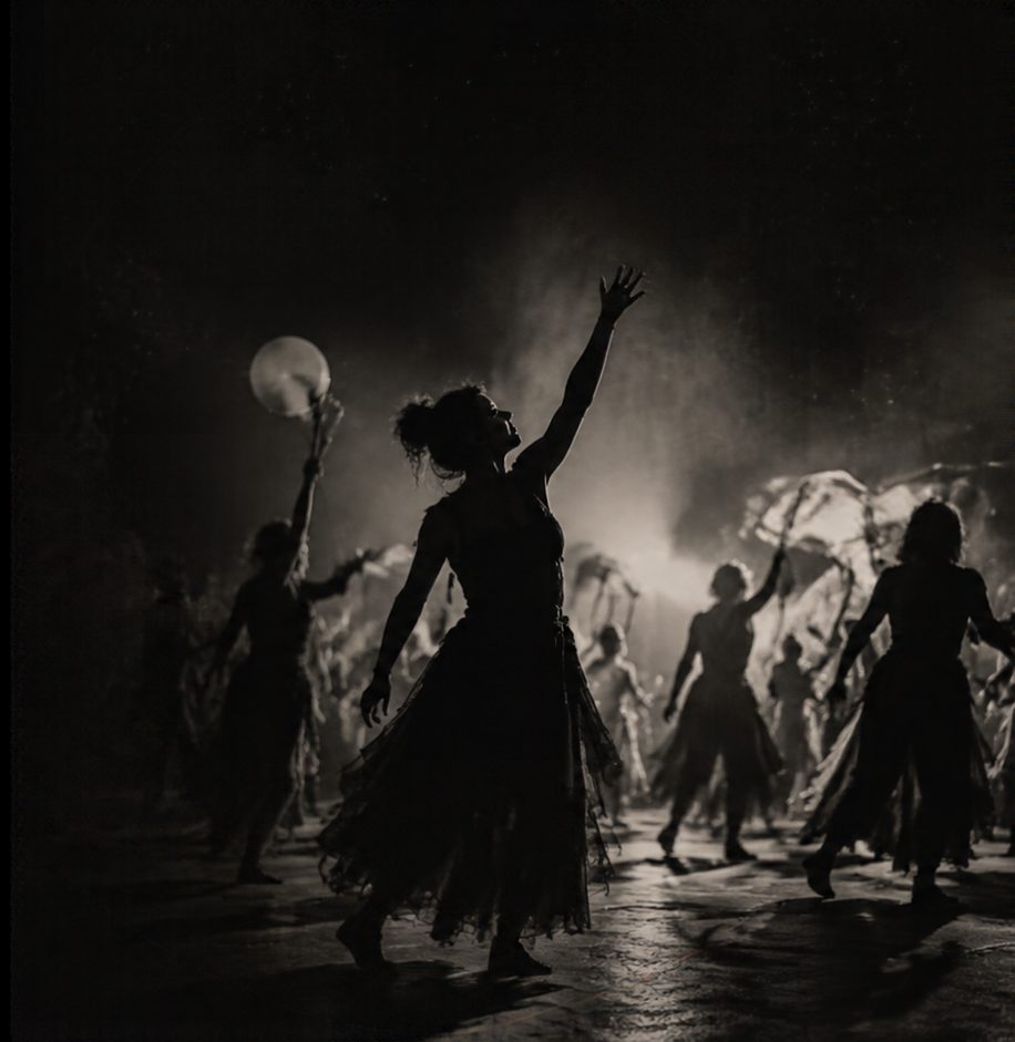 Danse collective nocturne autour d’un ballon lumineux